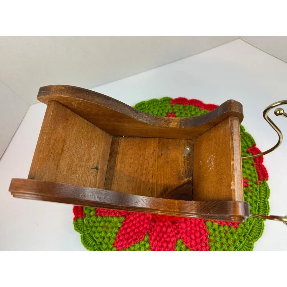Vintage Wooden Christmas Sleigh Decor Gold Metal Runners Holly Hand Painted 9